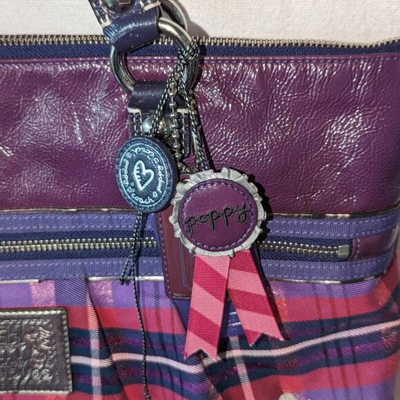Women's Coach Poppy Purple Plaid Shoulder Bag with Bag Tags - Picture 5 of 15